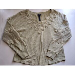 Daytrip Sage Green Waffle Knit Crochet Lace V-Neck Thermal Top L